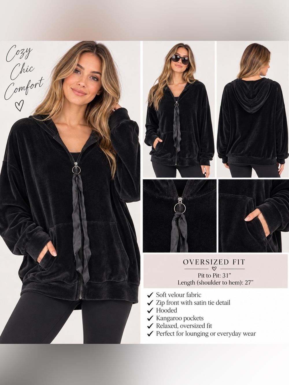 Florence by Mills Black Velour Oversized Zip Up Hoodie Jacket L NWT